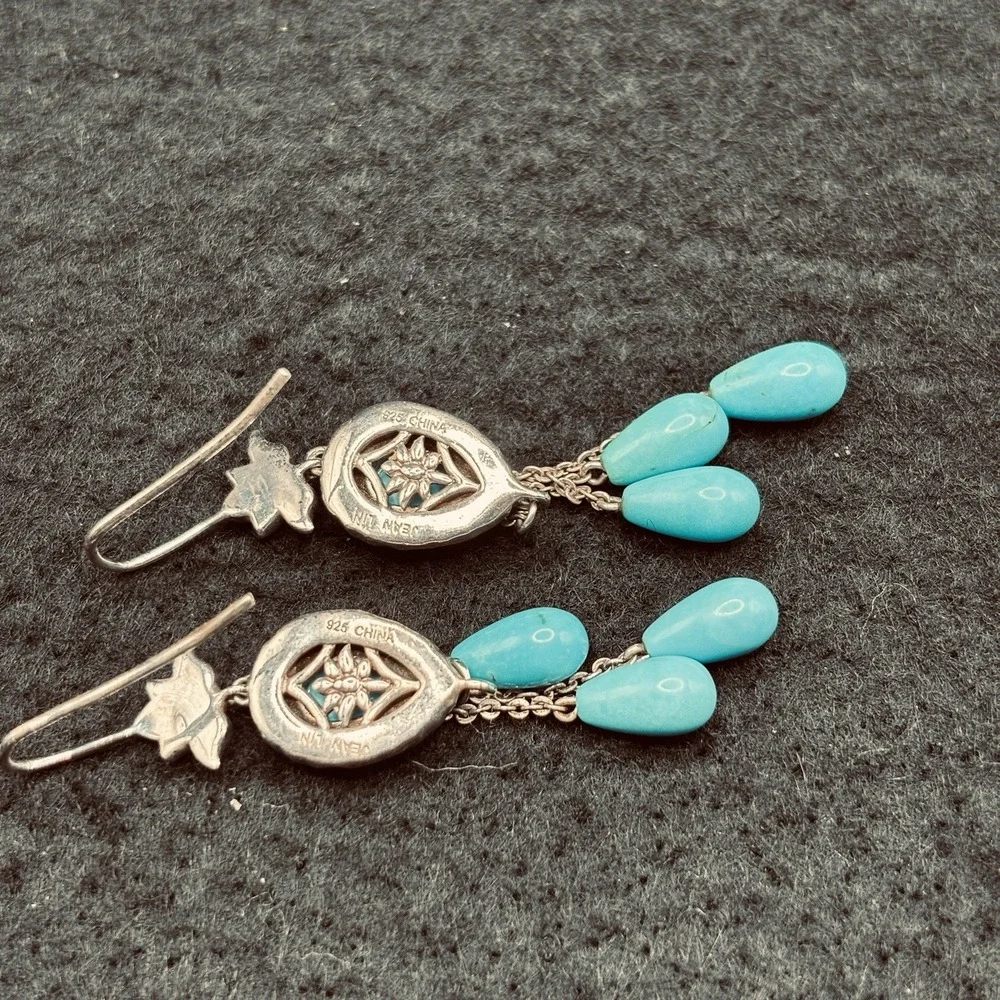 925 Sterling Silver Turquoise Dangle Earrings Floral Teardrop Boho Southwest